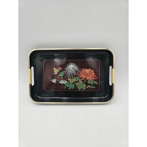 Vintage Japanese Lacquerware Serving Tray Black Gold Chrysanthemum Floral 11in